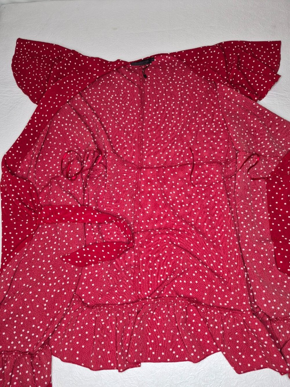 Relipop Womens XL Red White Polka Dot Ruffle Flutter Short Sleeve Wrap Dress - Picture 9 of 15